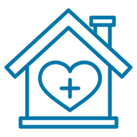A blue outline icon of a house with a heart and a plus sign inside, on a transparent background.