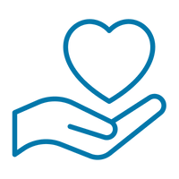 A blue line icon showing a heart above an open hand, on a transparent background.