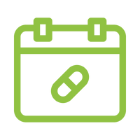 A green outline icon of a calendar page with a capsule pill symbol in the center, shown on a transparent background.