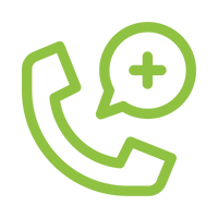 A green line icon of a telephone handset with a speech bubble containing a plus sign, shown on a transparent background.