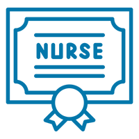 A blue line-art icon of a certificate or diploma with the word 'NURSE' centered on a transparent background.