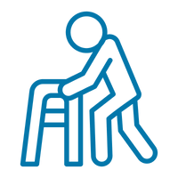 A blue outline icon of a senior using a walker on a transparent background.