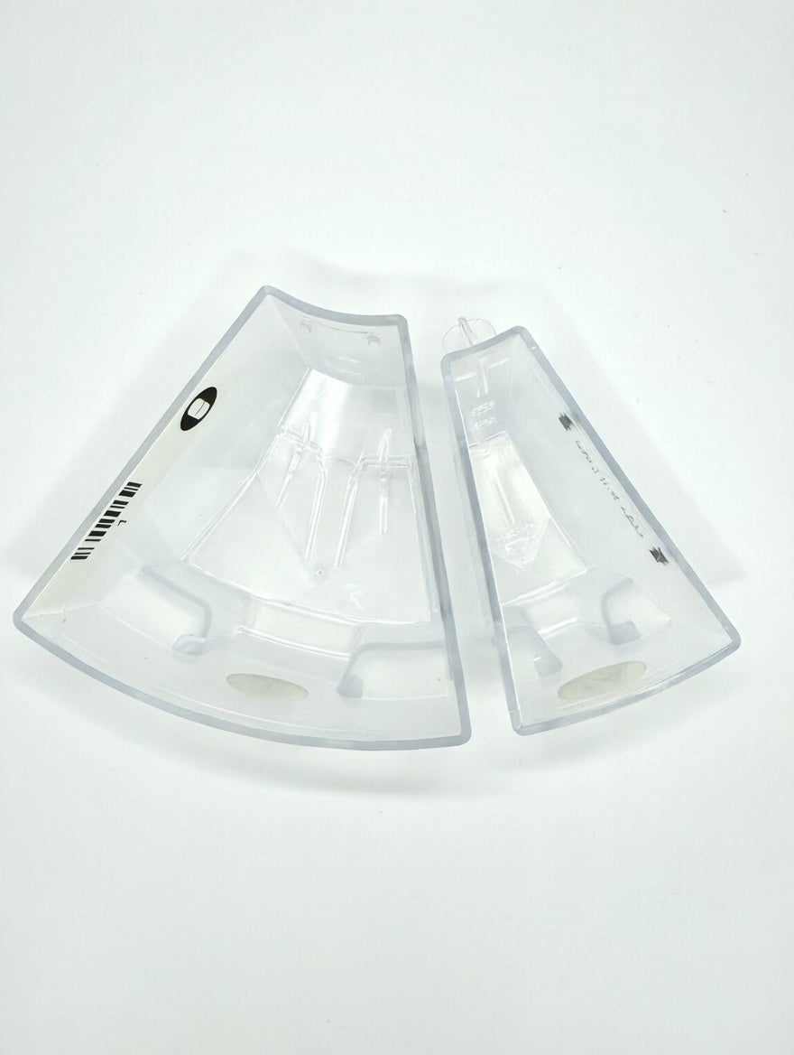 Two clear plastic MedaCube bins on a white background. One large clear MedaCube bin and one standard MedaCube bin highlighting the size difference.