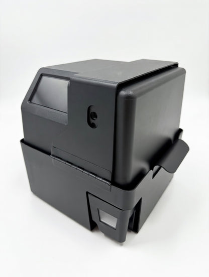 MedaCube device sits in black MedaCube metal security case viewed from the right.