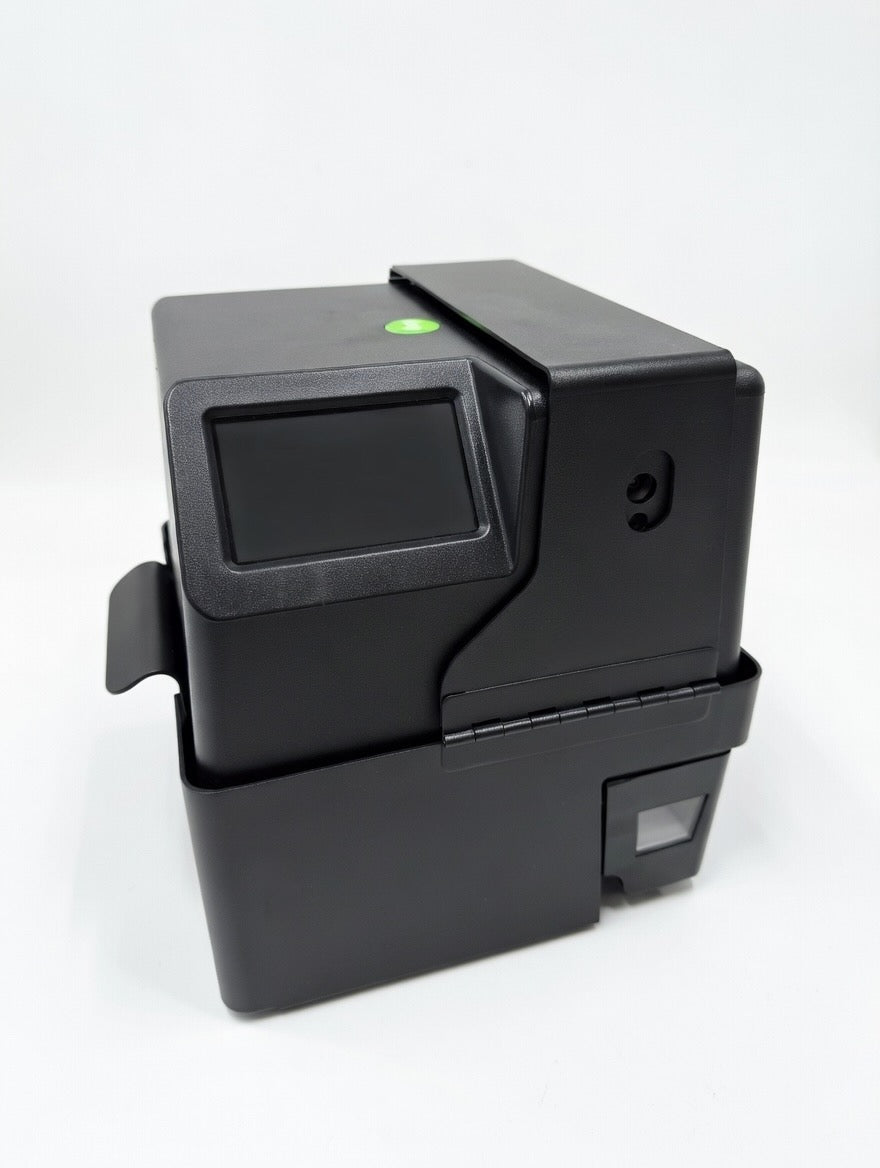 MedaCube device sits in black MedaCube metal security case viewed from the left.