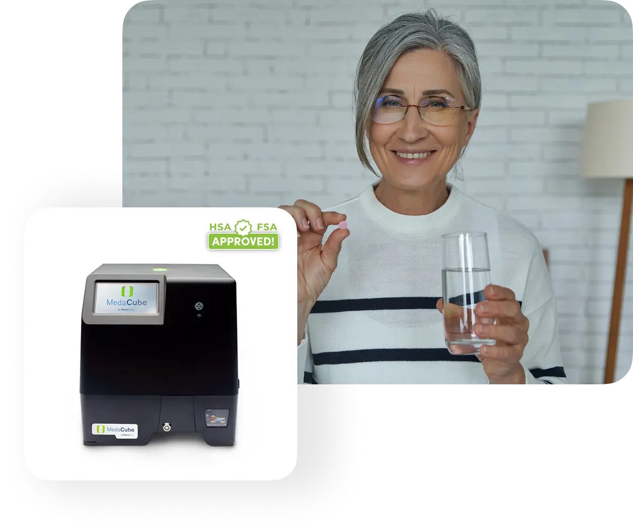 A woman with gray hair and glasses holds a pill and a glass of water, with an inset showing a black MedaCube automatic pill dispenser and an HSA/FSA approved badge.