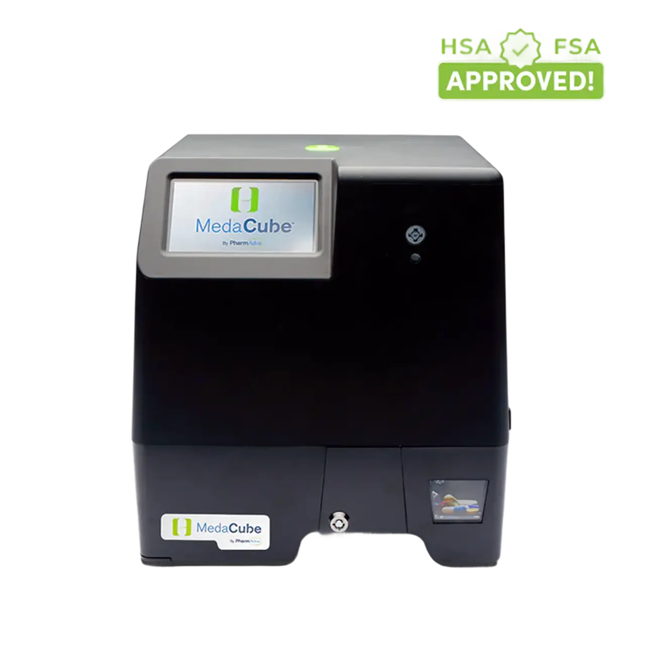 A black MedaCube automatic pill dispenser and an HSA/FSA Approved badge in the top right corner, set against a transparent background.